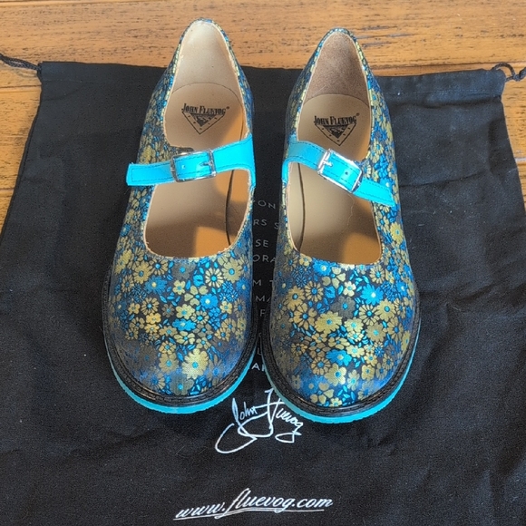 John Fluevog Shoes - John Fluevog Teal and Gold Floral Mary Jane Flats